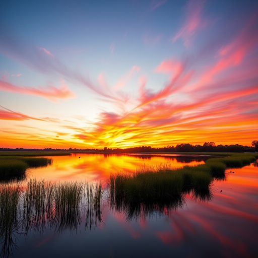 Generate a high-resolution image of a serene landscape at sunset with vibrant colors, featuring a calm lake reflecting the sky, using a DSLR camera, 50mm lens, aperture f/1.8, ISO 100, and a low-angle view for depth.