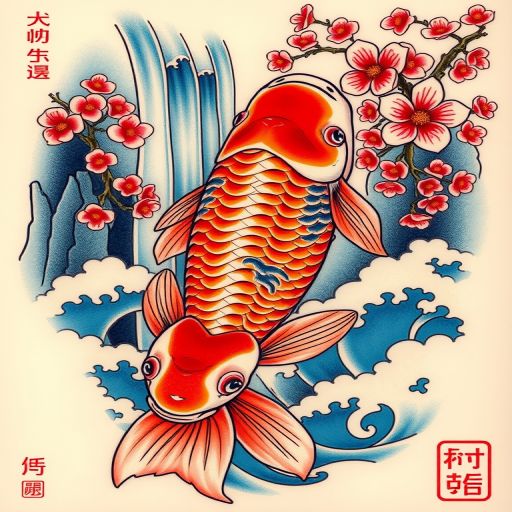 Japanese-inspired irezumi tattoo titled "Koi Ascension" depicting a large, colorful koi fish swimming up a waterfall, surrounded by cherry blossoms and traditional wave patterns in vibrant hues