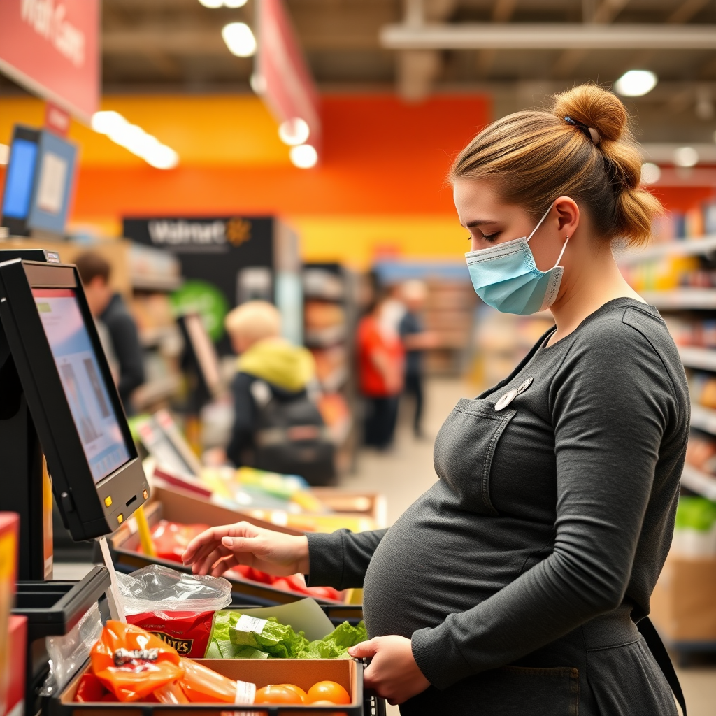 young pregnant woman as a walmart cashier ringing up someone's groceries she works there. shes wearing a surgical mask