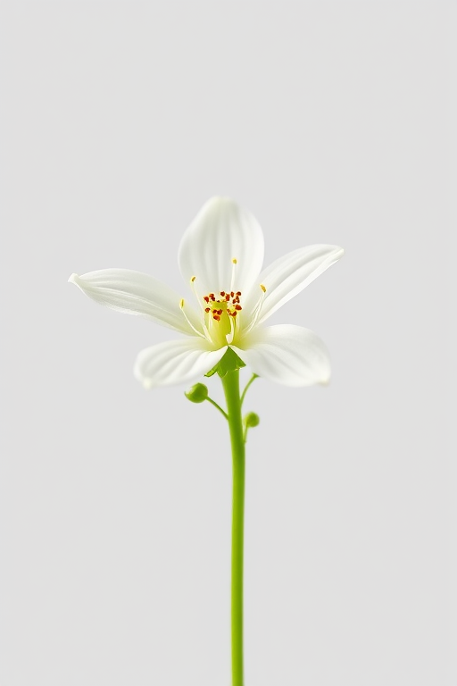 Create a high-resolution illustration of a delicate white flower with green stems and buds, shot with a macro lens, aperture at f/2.8, 35mm focal length, ISO 100, against a plain backdrop to enhance clarity and detail.