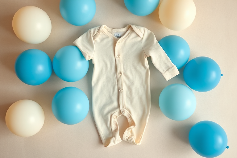 capture a top-down shot of a light beige onesie placed on a neutral background surrounded by blue and cream balloons using a Canon EOS R5 with a 50mm f/1.8 lens at ISO 100, aperture f/2.8, and shutter speed 1/125s for enhanced sharpness and color vibrancy
