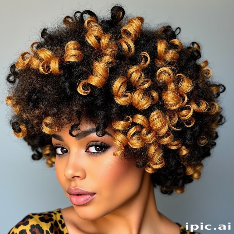 Funky leopard print hair featuring a blend of black, golden blonde, and warm brown tones, styled in a voluminous afro with defined coils