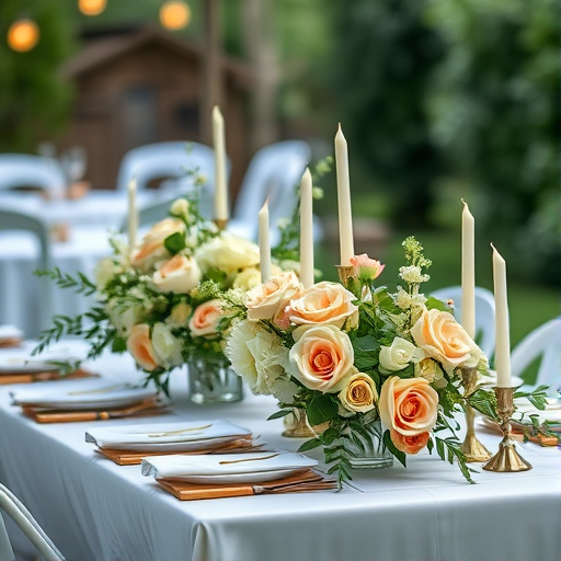 A beautifully set outdoor dining table adorned with elegant floral arrangements featuring white and peach blooms, soft greenery, and candles; captured with a Canon EOS R5 camera, 50mm lens, aperture f/1.8, ISO 200, natural light, shallow depth of field for a dreamy background blur.