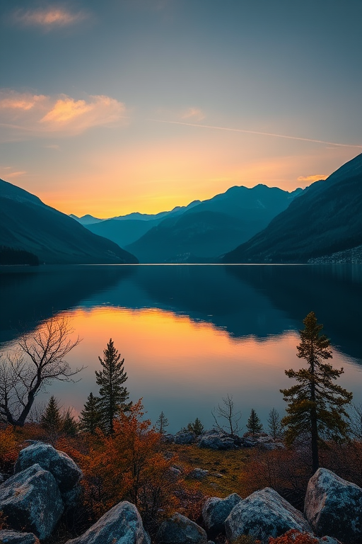 Generate a high-resolution landscape photograph of a serene lake surrounded by mountains during sunrise, capturing the reflection on the water, shot with a Canon EOS R5 at f/8, ISO 100, 1/320 sec, using a 24-70mm lens in a wide-angle view.