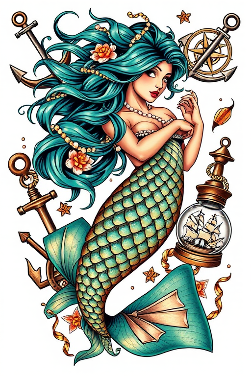 Neo-traditional tattoo titled "Sailor's Lament" portraying a striking mermaid with flowing teal hair intertwined with seaweed and pearls, her scales shimmering in shades of turquoise and gold, surrounded by bold nautical elements like anchors, compasses, and ships in bottles, all rendered in rich, saturated colors with thick black outlines