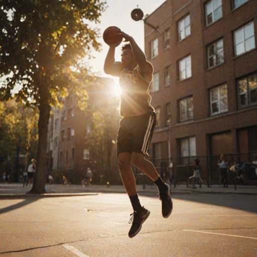 Blurry action shot of a basketball player mid-jump shot in a city playground, with soft golden light from a setting sun casting long shadows on the pavement and nearby buildings.