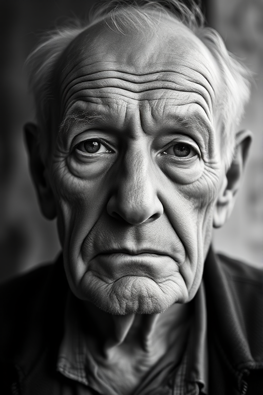 Create a high-resolution black and white portrait of an elderly man with deep wrinkles and a somber expression, shot with a Canon EOS R5 at 85mm f/1.2 aperture, ISO 100, in soft natural light, using a shallow depth of field to emphasize the subject against a blurred background.