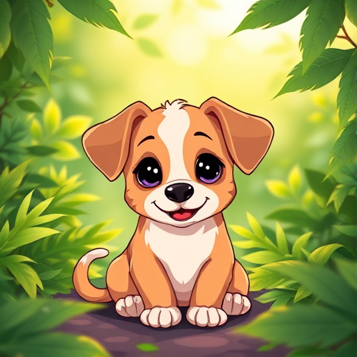 Create a cute cartoon illustration of a seated puppy surrounded by lush greenery, with a soft-focus background, vibrant colors, bright lighting, 50mm lens, f/2.8 aperture, ISO 100, shot on a digital SLR camera.