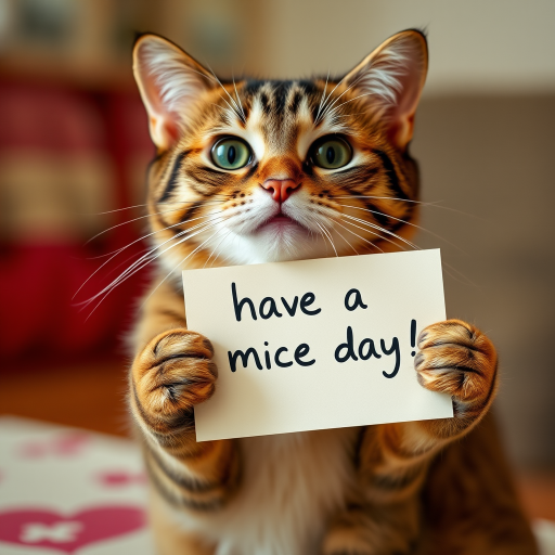 cat holding a note which says "Have a mice day!"