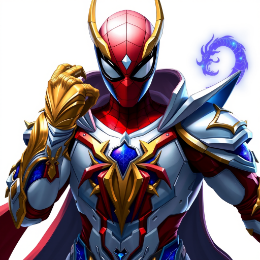 A high-budget, anime-style wallpaper featuring Spiderman in an epic White, blue red Kirin armor. Golden dragon gloves, the gloves is in the shape of dragon heads, Golden dragon head gloves, White glossy eyes, The armor is designed with metallic details that reflect light, showcasing intricate Kirin motifs. Spiderman's armor is a striking gradient of blue, red and white, with Colorful galaxy inner sections, making it look both powerful and sleek. The background is flat white, with Kirin-shaped blue-violet glowing rune relic to give the impression power, striking pose, the Kirin's armor is dominantly in white, with some details in blue and red, Cinematic anime action scene, cinematic action pose, medium shot action portrait, dramatic effect of shadow and light.