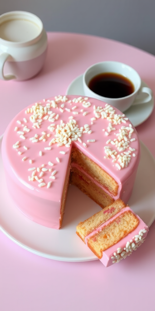 A beautifully decorated round pink cake with a smooth icing topped with white sprinkles and a slice removed, served on a pastel table setting with a cup of coffee and a plate that holds the slice of cake.