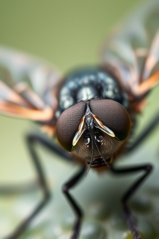 Create a highly detailed close-up of a fly, focusing on its intricate wings and body texture, using a macro lens with an aperture of f/2.8, ISO 100, shutter speed of 1/250s, shot in natural light, with a high-resolution digital camera to enhance image quality.