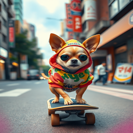 Hypebeast Chihuahua dog wearing colourful streetwear zapping down the street in Tokyo on a skateboard, adorable cinematic watercolour.