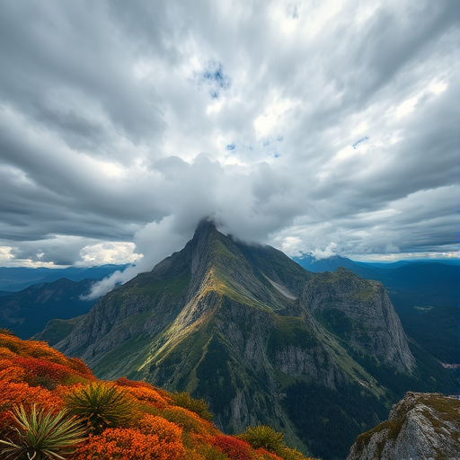 A dramatic mountain landscape under turbulent skies with vibrant vegetation, shot with a Canon EOS R5, 24mm f/1.4 lens, ISO 200, f/8, 1/125 sec, wide angle view, high dynamic range and enhanced color saturation.