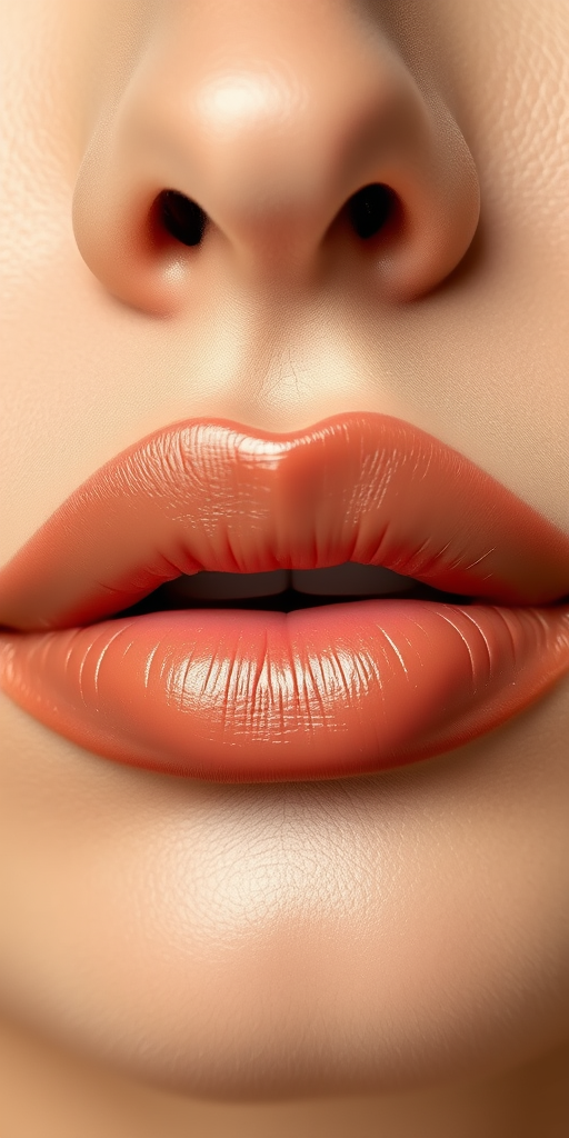 Sleek nude lips with satin finish, expertly sculpted shape enhancing natural contours, effortlessly chic and polished Silk Caramel Whisper aesthetic