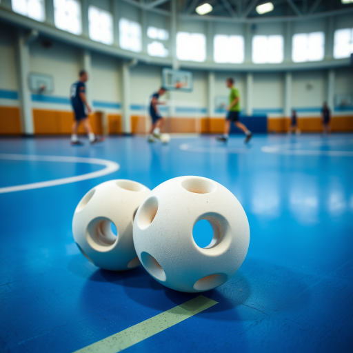 A low-angle shot of two white floorball balls with visible holes on a vibrant blue sports floor, captured in a gym with blurred players in the background, using a DSLR camera at f/2.8 aperture, ISO 800, shutter speed 1/200s, in natural lighting for enhanced clarity and depth of field.