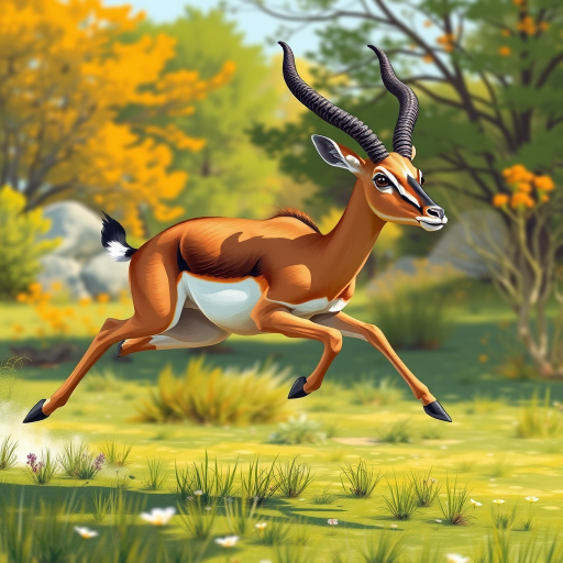 Create a detailed illustration of a sprinting antelope in a vibrant natural setting, focusing on dynamic movement and anatomical accuracy, with a DSLR camera at f/2.8 aperture, 1/1000 shutter speed, 50mm lens, shot from a low angle to emphasize speed and grace.