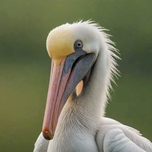 a close-up of a white pelican with a textured beak and plumage, set against a blurred green background