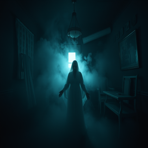 Create a haunting image of a ghostly figure in a dimly lit, vintage room, with fog swirling around, using a Canon EOS R5, 24mm lens, aperture f/1.8, ISO 800, shutter speed 1/50 sec, soft focus style, with dramatic chiaroscuro lighting to enhance the eerie atmosphere.
