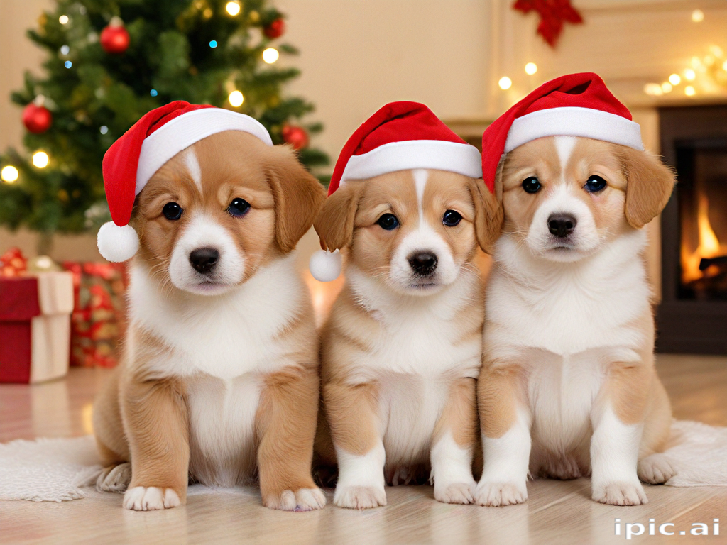 Three Adorable Puppies Dressed in Santa Hats Celebrating Christmas ...
