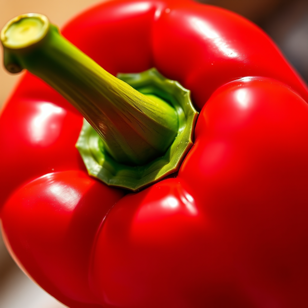 Create a vibrant and detailed illustration of a red bell pepper with a smooth texture, using a macro lens with a shallow depth of field, aperture set at f/2.8, ISO 100, and natural lighting to enhance colors and shadows, capturing the pepper from a slightly elevated angle for a dynamic perspective.