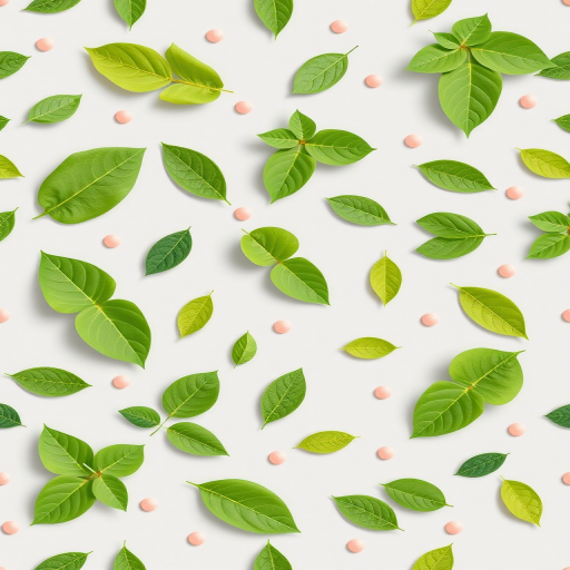 Generate a seamless pattern design featuring various green leaves scattered across a light gray background with small peach dots, shot with a DSLR camera at f/8 aperture, ISO 100, 50mm lens, top-down view for clarity and detail.