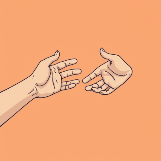 Create an illustration of two hands reaching towards each other, with a warm peach background, shot with a Canon EOS R5 using a 50mm f/1.8 lens, aperture set to f/2.8, ISO 100, and soft natural lighting.