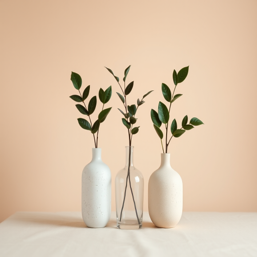 minimalist still life composition of three vases with leaves on a soft beige background, shot with a Canon EOS R5, f/2.8 aperture, 50mm lens, ISO 100, natural light, soft focus, high-resolution digitales photography