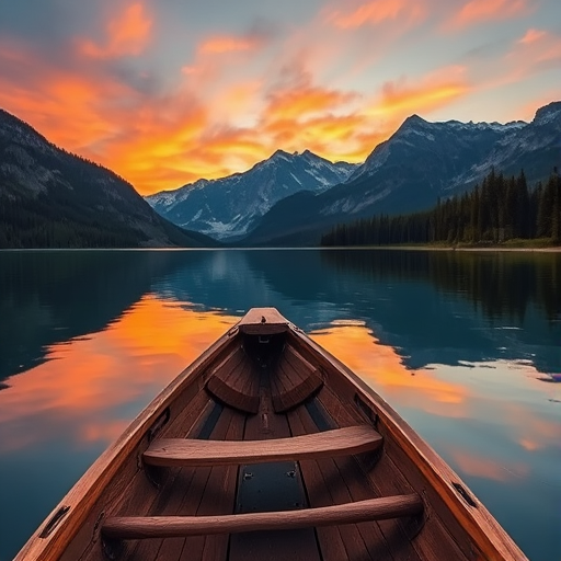 A serene lake at sunset with a wooden boat in the foreground, reflecting vibrant colors in the water, surrounded by majestic mountains and lush trees; camera settings: f/8, ISO 100, 1/125s; camera view: wide-angle; camera style: landscape photography; camera type: DSLR.