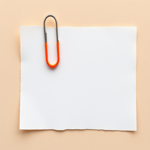 Create a high-resolution image of a blank piece of paper with a large orange paperclip attached to the top left corner, using a macro lens on a DSLR camera, aperture set to f/2.8, ISO of 100, and a slight vignette effect for depth.