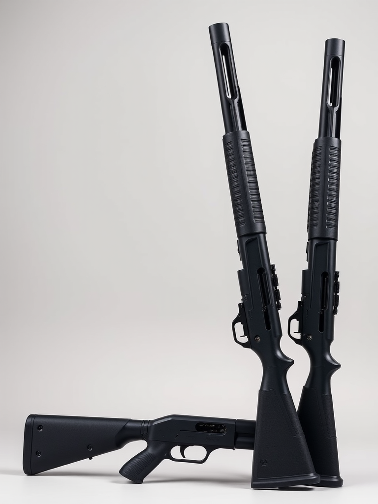 high-resolution image of three black tactical shotguns stacked vertically against a neutral background, shot with a DSLR camera at f/4 aperture, ISO 100, 1/200 sec, using a 50mm lens in a studio setting to enhance clarity and detail