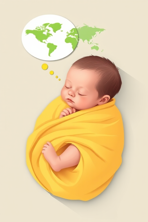 Create a high-resolution vector illustration of a sleeping baby wrapped in a yellow blanket, dreaming of a green world map in a thought bubble, captured in a flat design style with vibrant colors, using an aperture of f/4, shutter speed of 1/125s, ISO 100, and a 50mm lens for clarity and detail.