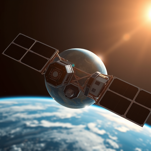 Create a high-resolution image of a satellite orbiting Earth with solar panels extended, capturing the planet's surface illuminated by sunrise, using a DSLR camera with a 24mm lens, aperture f/8, ISO 100, shutter speed 1/200s, shot from a low angled view with a wide depth of field.