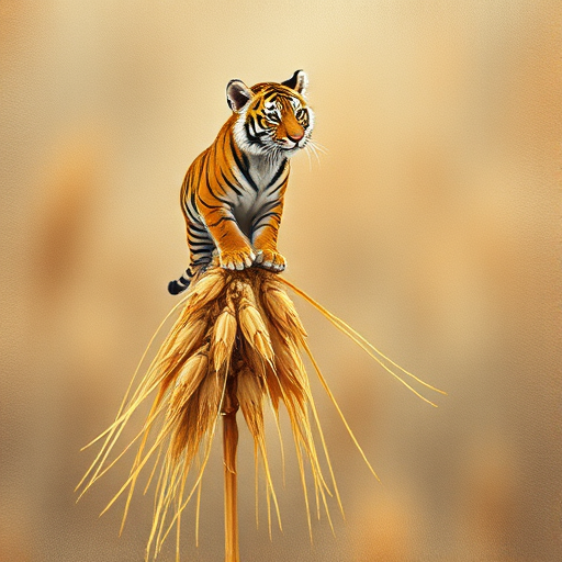 Soft, muted Alcohol Ink with ebru effect background image of tiny whimsical tiger, who climbed high on the top of a golden rye ear.