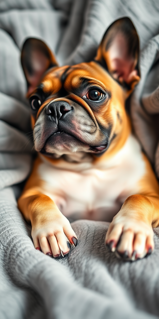 Capture a close-up shot of a French Bulldog lying on a soft grey blanket, with a shallow depth of field, natural light, using a DSLR camera with a 50mm lens at f/1.8, ISO 200, and shutter speed 1/125s.