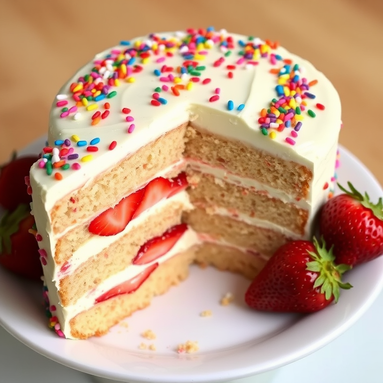 A delicious layered cake with a creamy white frosting and colorful sprinkles on top served on a white plate with a slice cut out revealing strawberry and vanilla layers accompanied by fresh strawberries on the side.
