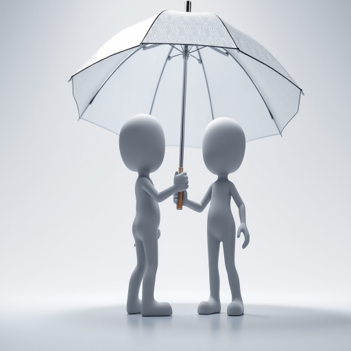 Create a 3D rendering of two stylized humanoid figures holding hands under a large umbrella, soft diffused lighting, high-resolution, 35mm lens, f/2.8 aperture, 24 fps, shot from a slightly low angle to emphasize the figures, crisp details and smooth textures.
