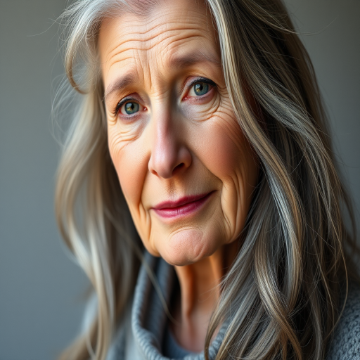 Generate a portrait of an elderly woman with long, wavy gray hair and a gentle expression, shot in soft diffused lighting, 85mm lens, f/1.8 aperture, ISO 100, with a shallow depth of field, captured in a studio setting for high detail and clarity.