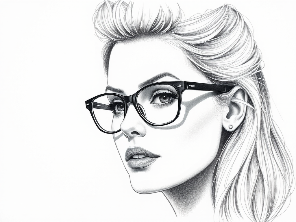 Beautiful Kristen Stewart, pencil sketch, portrait of beautiful woman 60s in glasses, hair style beatnik, outline, clear lines, fine lines, 8k