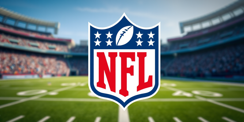 Regenerate the NFL logo with high resolution, using a Canon EOS R5 camera, 50mm lens, f/1.8 aperture, ISO 100, natural lighting, and a centered view to enhance clarity and vibrant colors.