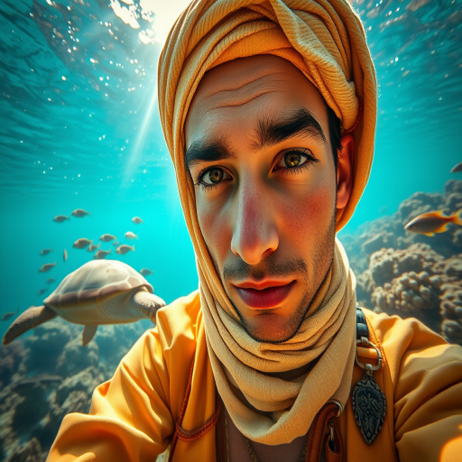Realistic selfie image of a Sahrawi, wearing a vintage outfit, detailed dreamy eyes, droopy hooded eyes, staring at the camera, taken underwater at coral reef with a sunbeam filtering through the water, vibrant, summer vacation, natural lighting, turtle and school of tropical fish with vibrant colors, rendered in the style of CryEngine, Pegi Nicol MacLeod, with realistic genre scenes, hauntingly beautiful narratives, ultra-realism, and Thomas Saliot's close-up technique, 8K resolution, crystal clear and sparkling water.