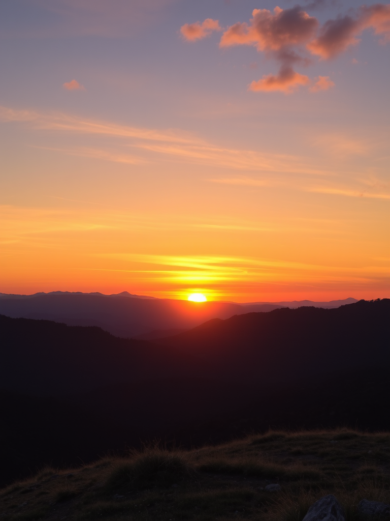 Generate a high-resolution image of a scenic landscape featuring a sunset over a mountain range, use a Canon EOS 5D Mark IV, aperture f/8, ISO 100, 24mm focal length, in landscape orientation with vibrant colors and enhanced contrast.