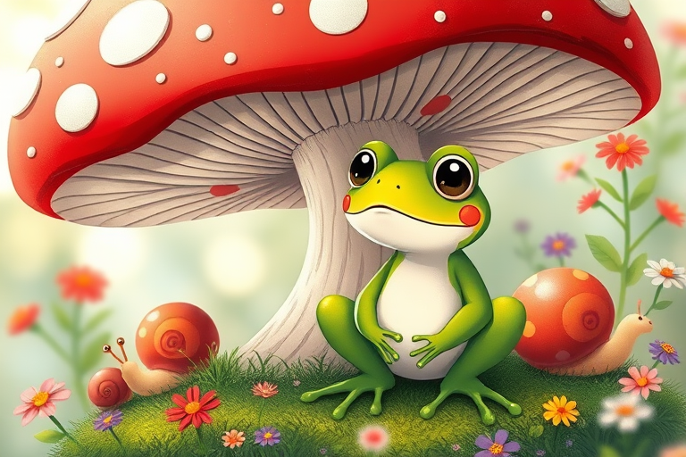 create an enchanting illustration of a cute frog sitting next to a large red and white mushroom, with whimsical snails and colorful flowers in a soft pastel style, captured with a DSLR camera, f/2.8 aperture, 50mm lens, natural lighting, shallow depth of field to enhance details and soft background blur