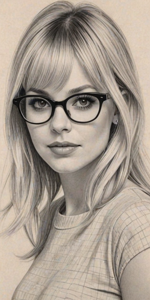 Gorgeous Anna Faris, pencil sketch, portrait of Graceful woman 1965s in glasses, hair style beatnik, outline, clear lines, fine lines, 8k