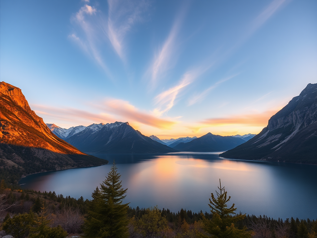Generate a high-resolution image of a serene landscape featuring mountains and a lake during sunset, use a Canon EOS R5, 24mm lens, f/11 aperture, ISO 200, 1/125 sec exposure, wide-angle view, and enhance clarity and color vibrancy.
