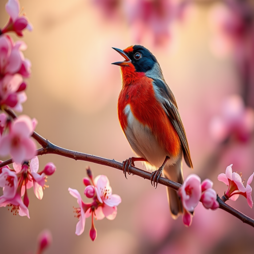 A vibrant bullfinch singing on a cherry blossom branch at sunrise, with a soft focus background, captured using a DSLR camera at f/2.8, ISO 200, and a 50mm lens.