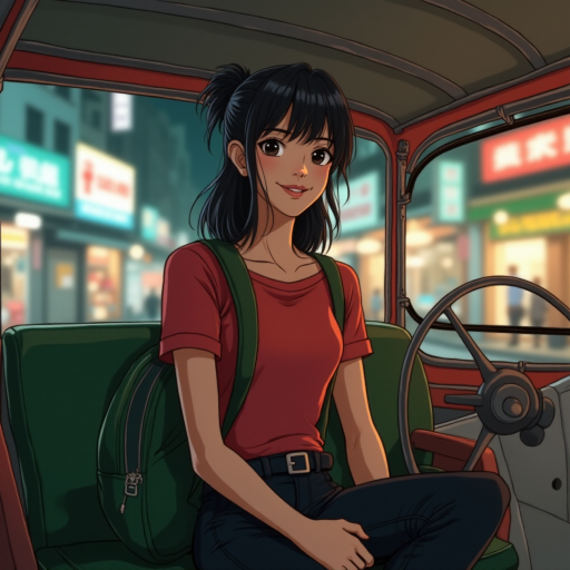 Cartoon Movie​ scene, a 18yr kindness grin Japanese woman,oval face , mullet medium long messy black side hair, wear a red shirt ,black jeans ,navy slip-on​,with green backpack, relax​ sitting on a seat in a thai tuk-tuk, tuk-tuk a silver metal roof that reflects light, There are blurred street lights and shops Chinatown Bangkok in the background.