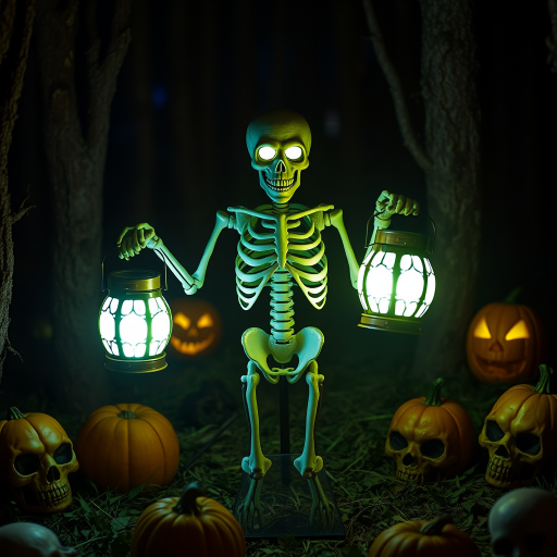 Create a spooky scene featuring a skeleton figure with glowing eyes holding two lanterns that emit an eerie light in a dark forest setting surrounded by carved pumpkins and ominous skulls. The atmosphere should be