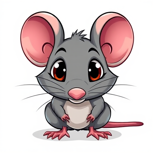 Create a high-resolution digital illustration of a cartoonish gray rat with large ears and expressive eyes, captured in a 50mm lens at f/2.8, with a shallow depth of field to enhance focus on the rat, using a bright and colorful style, set against a simple white background.