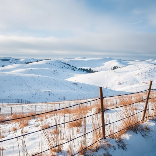 Generate a serene winter landscape featuring rolling snow-covered hills with a barbed wire fence in the foreground, captured with a Canon EOS 5D Mark IV, 50mm lens, aperture f/8, shutter speed 1/200s, ISO 200, wide-angle view to enhance depth and clarity.